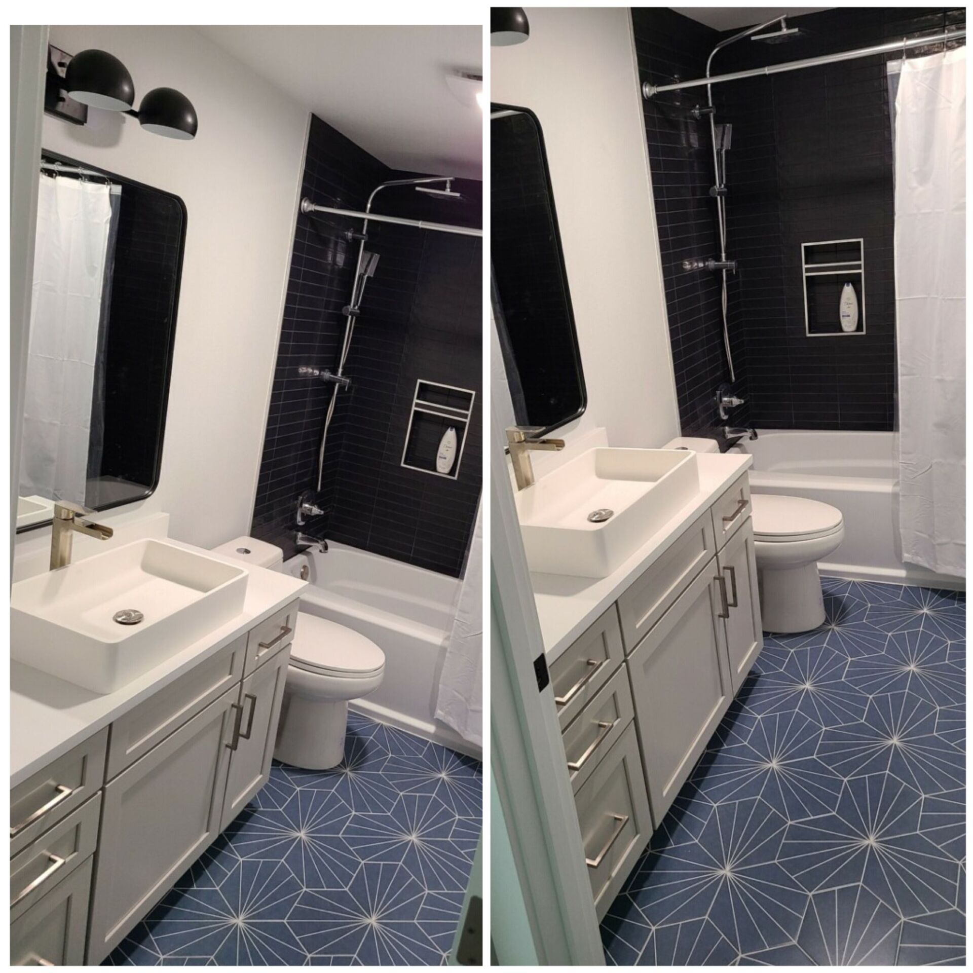 A bathroom with a sink , toilet , and shower.