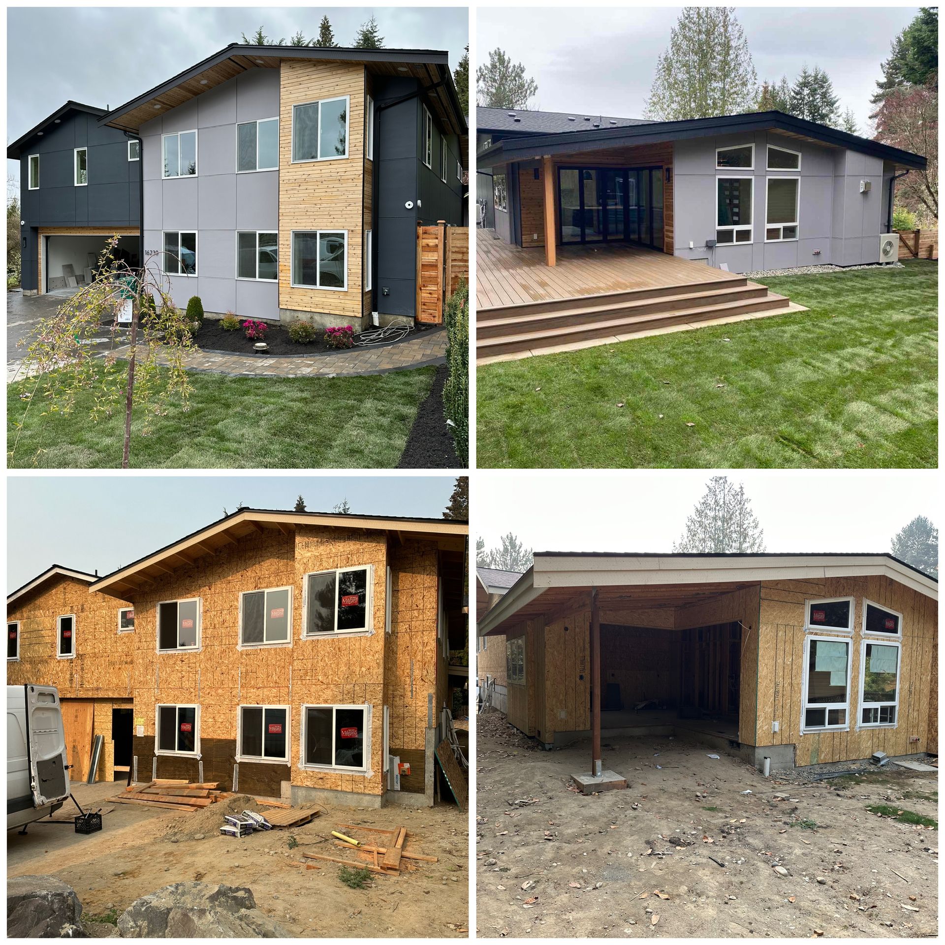 A collage of four pictures of a house under construction