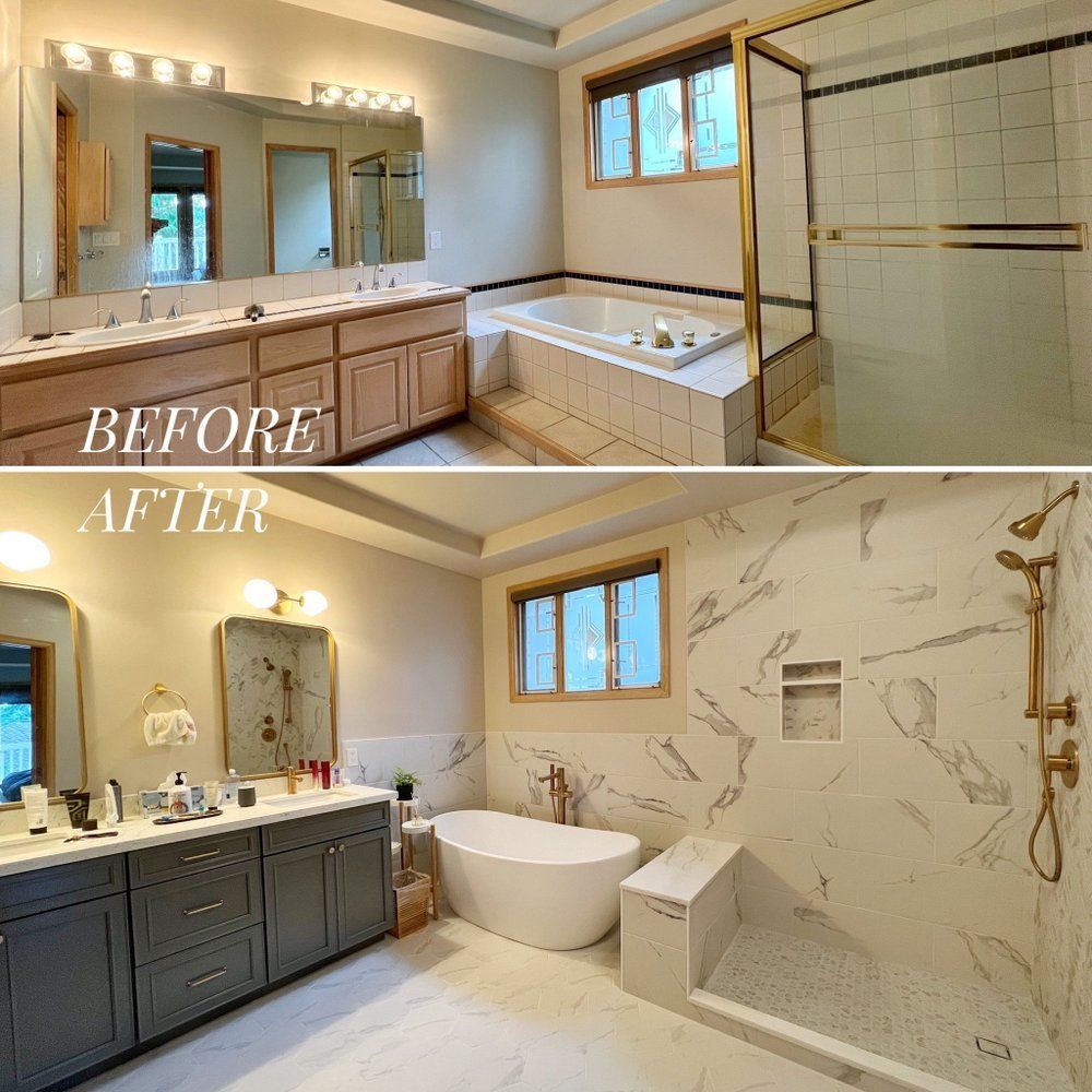 A before and after photo of a bathroom with a tub and shower.