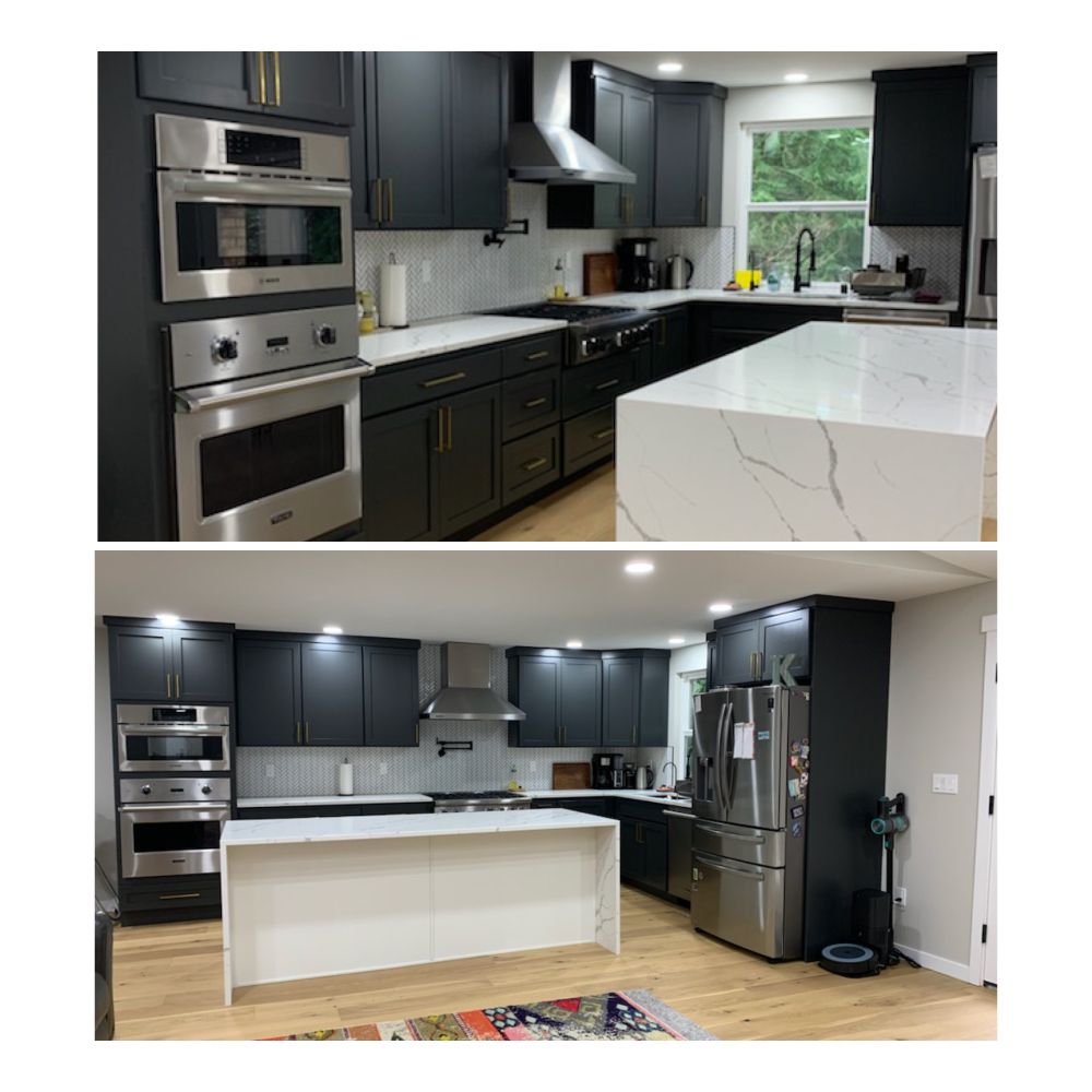 A before and after photo of a kitchen with black cabinets and stainless steel appliances.