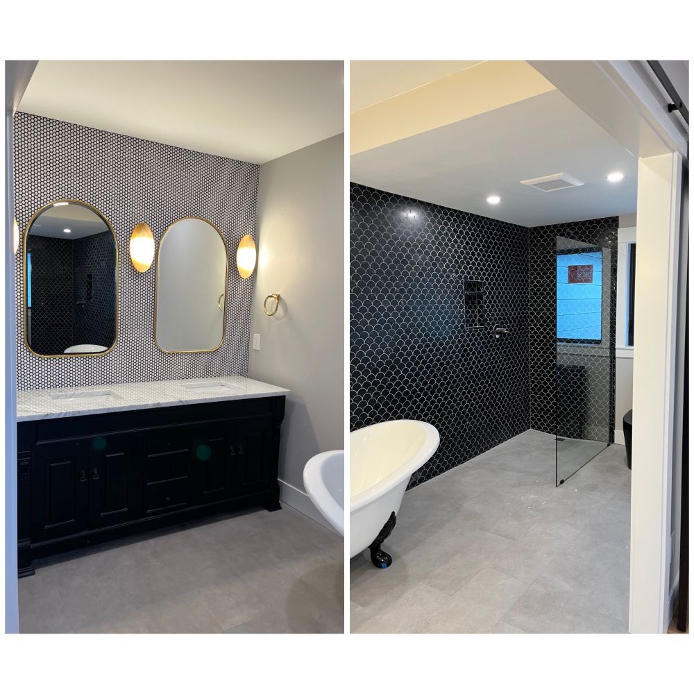 A bathroom with two sinks , a bathtub and a walk in shower.