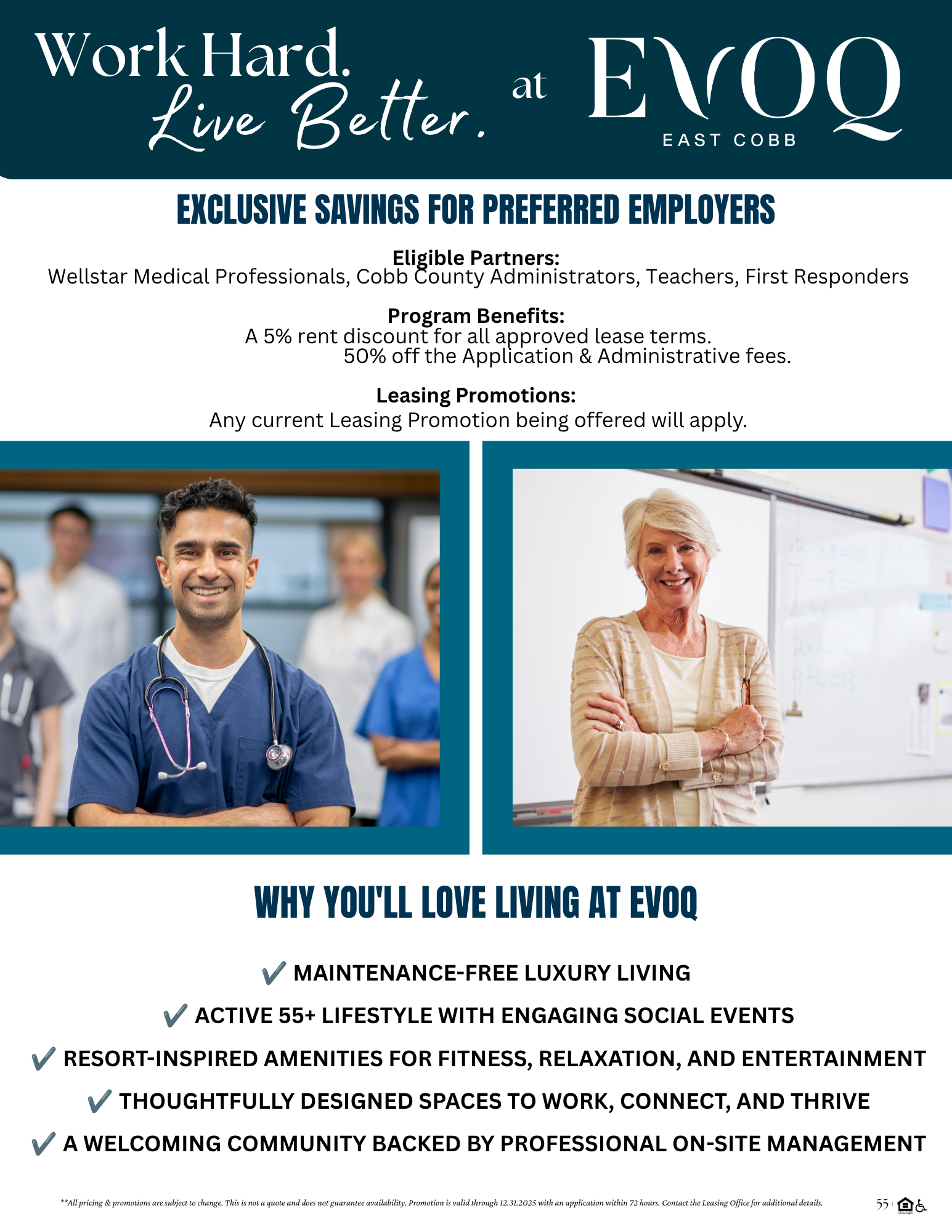 Flyer for Preferred Employer and EVOQ with photos of a worker and a teacher, plus program details and logos