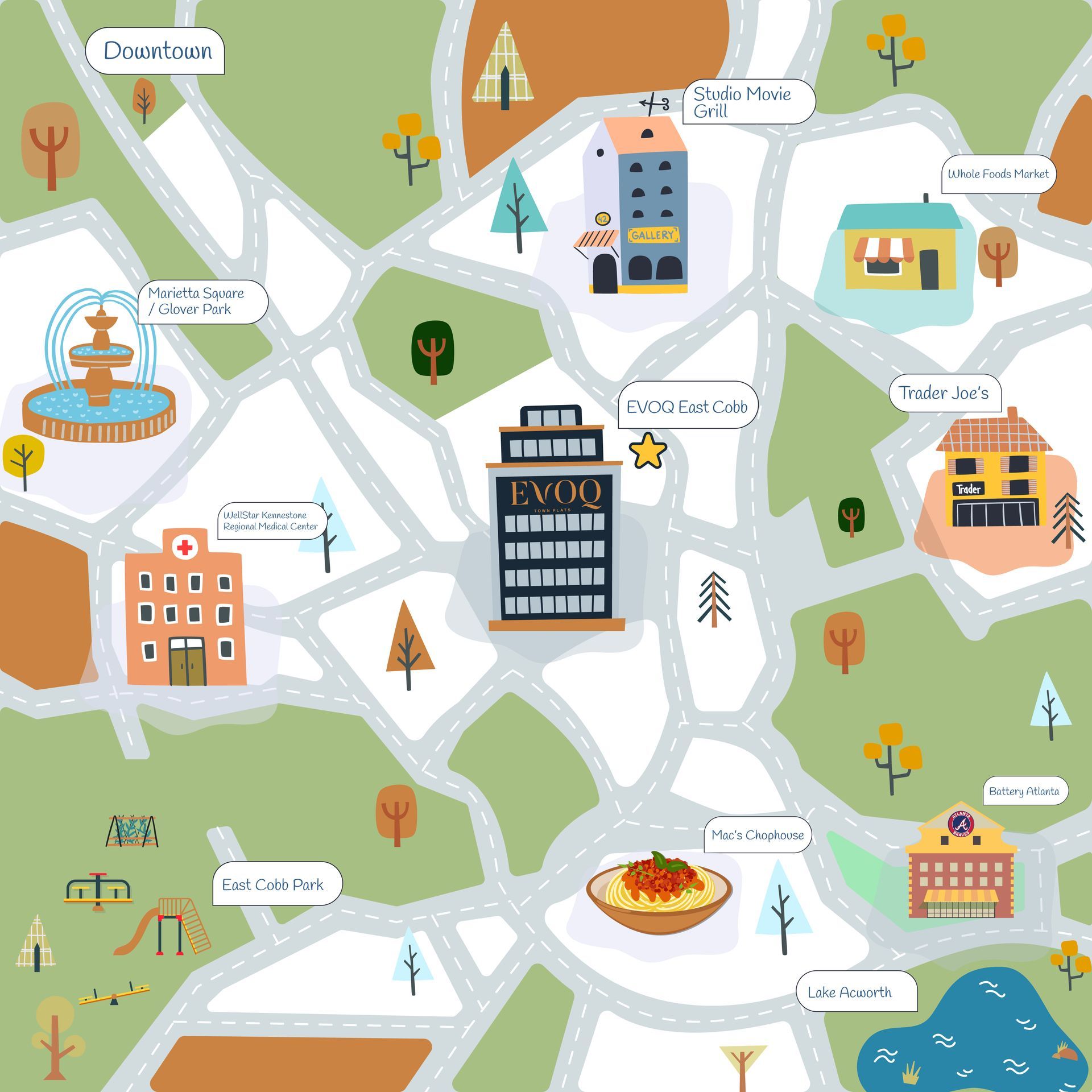 Map of a town with buildings, parks, roads, and a fountain surrouding EVOQ building.
