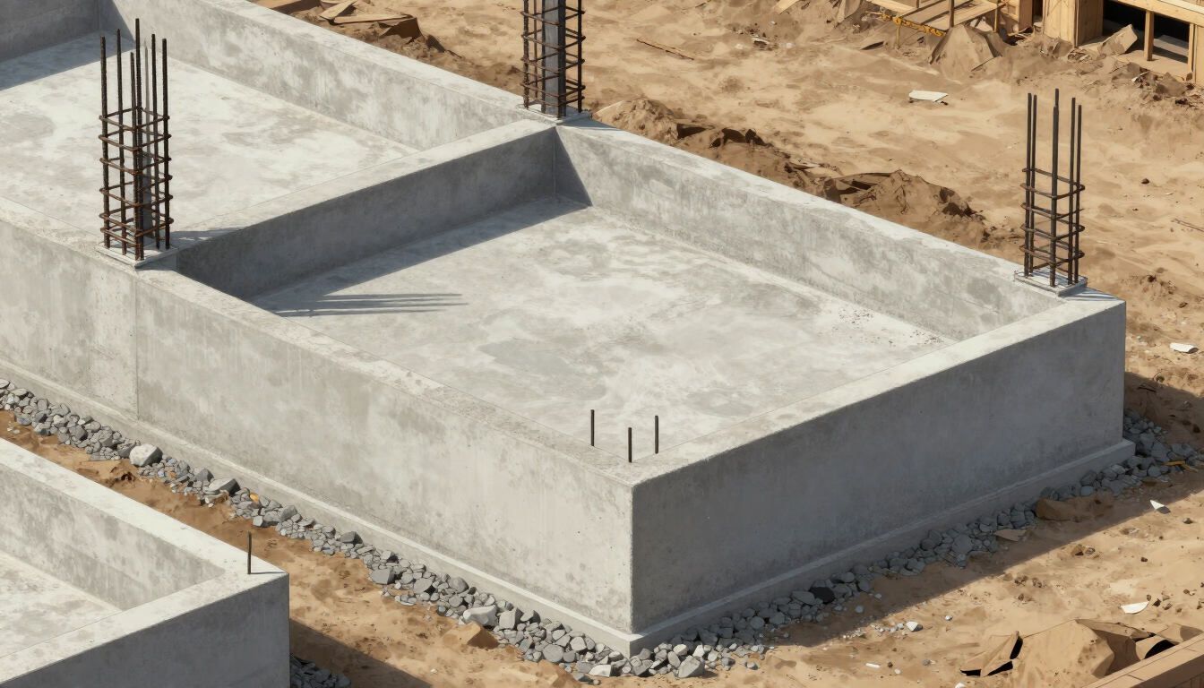 Concrete foundation slab under construction at a building site, with rebar protruding from corners.