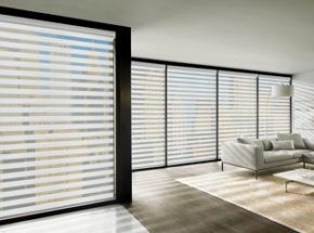 A living room with a couch and a large window with blinds.