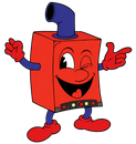 Robot rosso in stile cartone animato con una faccia sorridente, braccia che salutano e un tubo blu sulla cima.