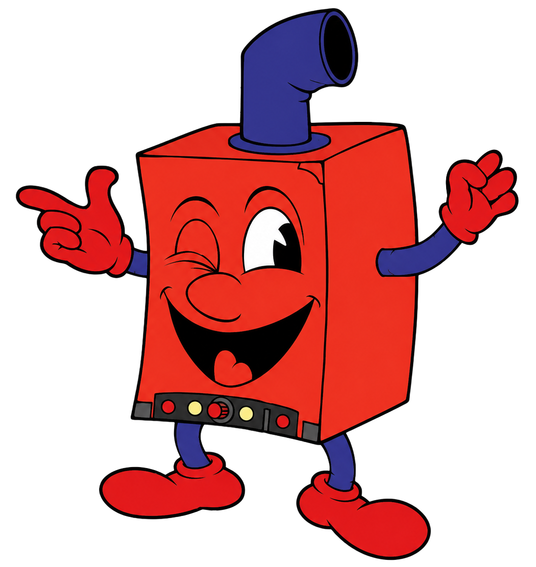 Personaggio dei cartoni animati in una scatola rossa con braccia e scarpe blu, sorridente e che indica, con una pipa in cima.