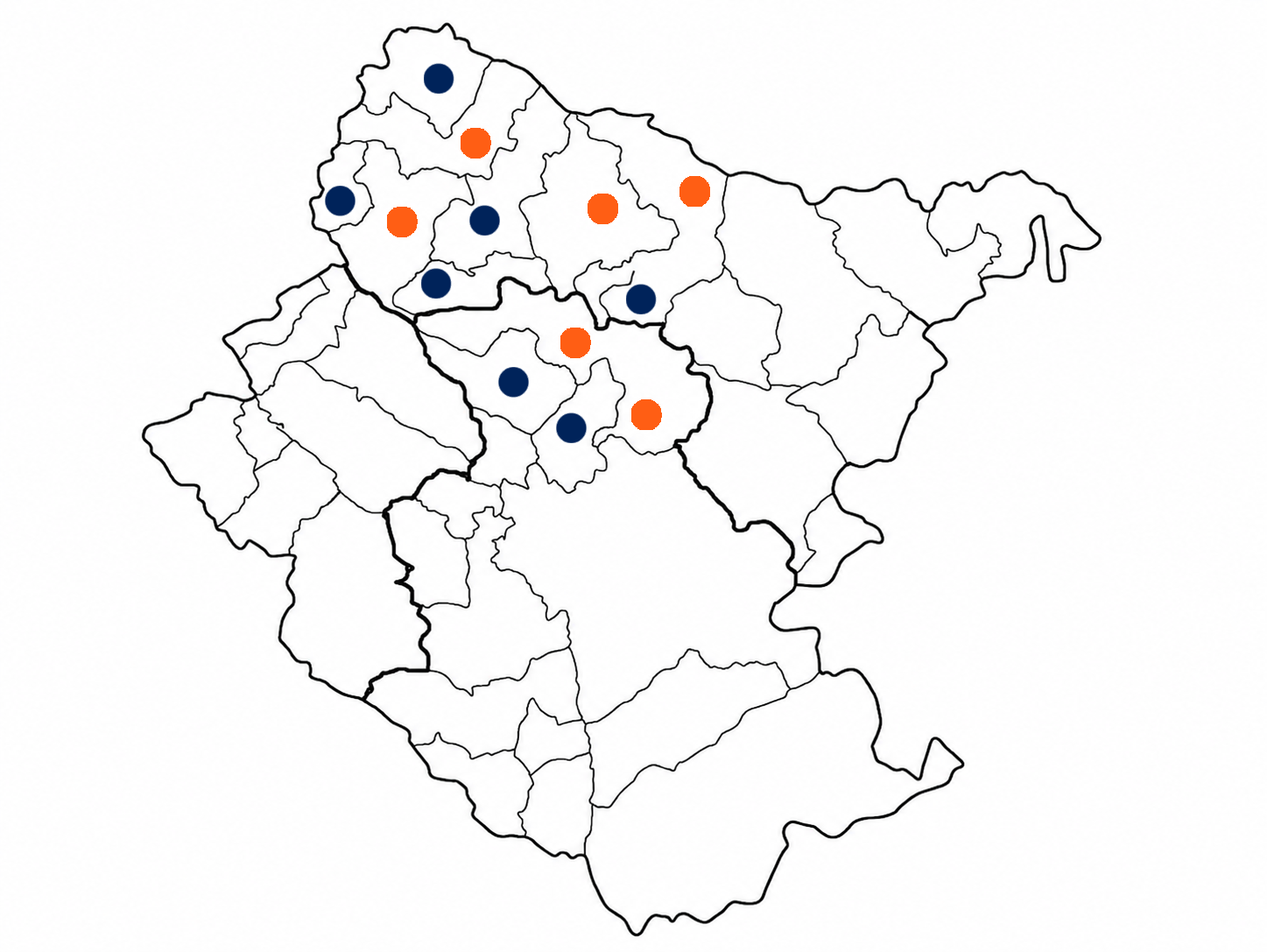 Mappa con punti arancioni e blu che indicano le posizioni lungo il perimetro di una regione.