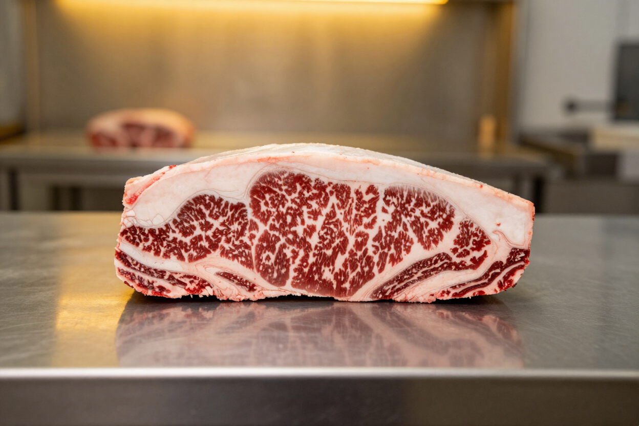 Properly aged, well-marbled Montana beef on a professional cutting table before custom processing begins.