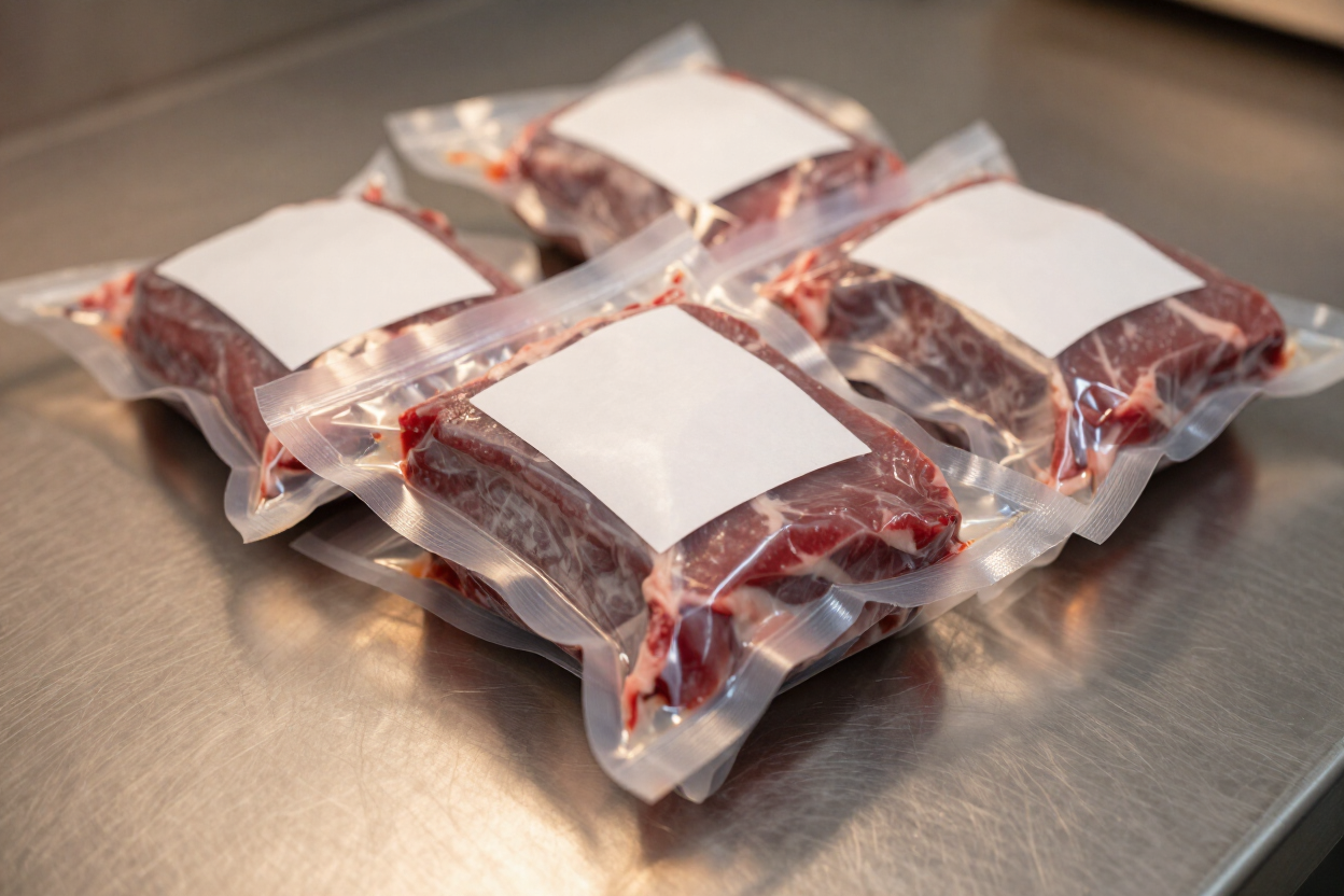 Vacuum-sealed and labeled bulk beef order ready for the freezer — Taylor Beef Company, Miles City, Montana.