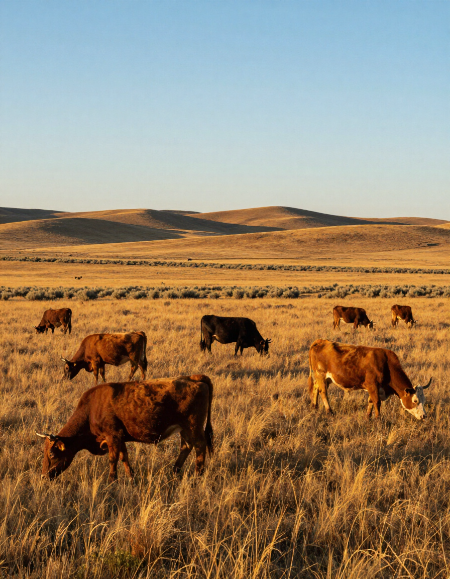 Grass-fed Montana beef cattle on open pasture -- raised by Taylor Beef Company, Miles City, MT.