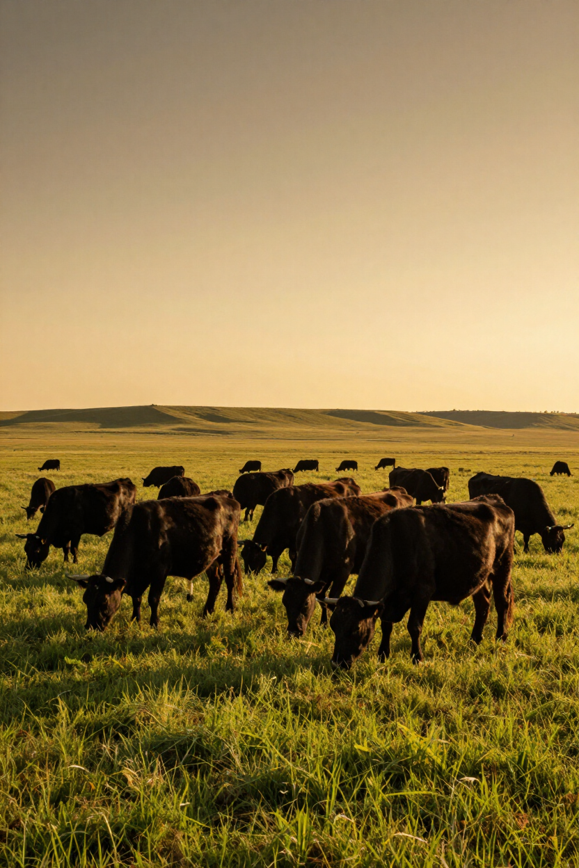 Black Angus cattle grazing on open eastern Montana grassland at golden hour