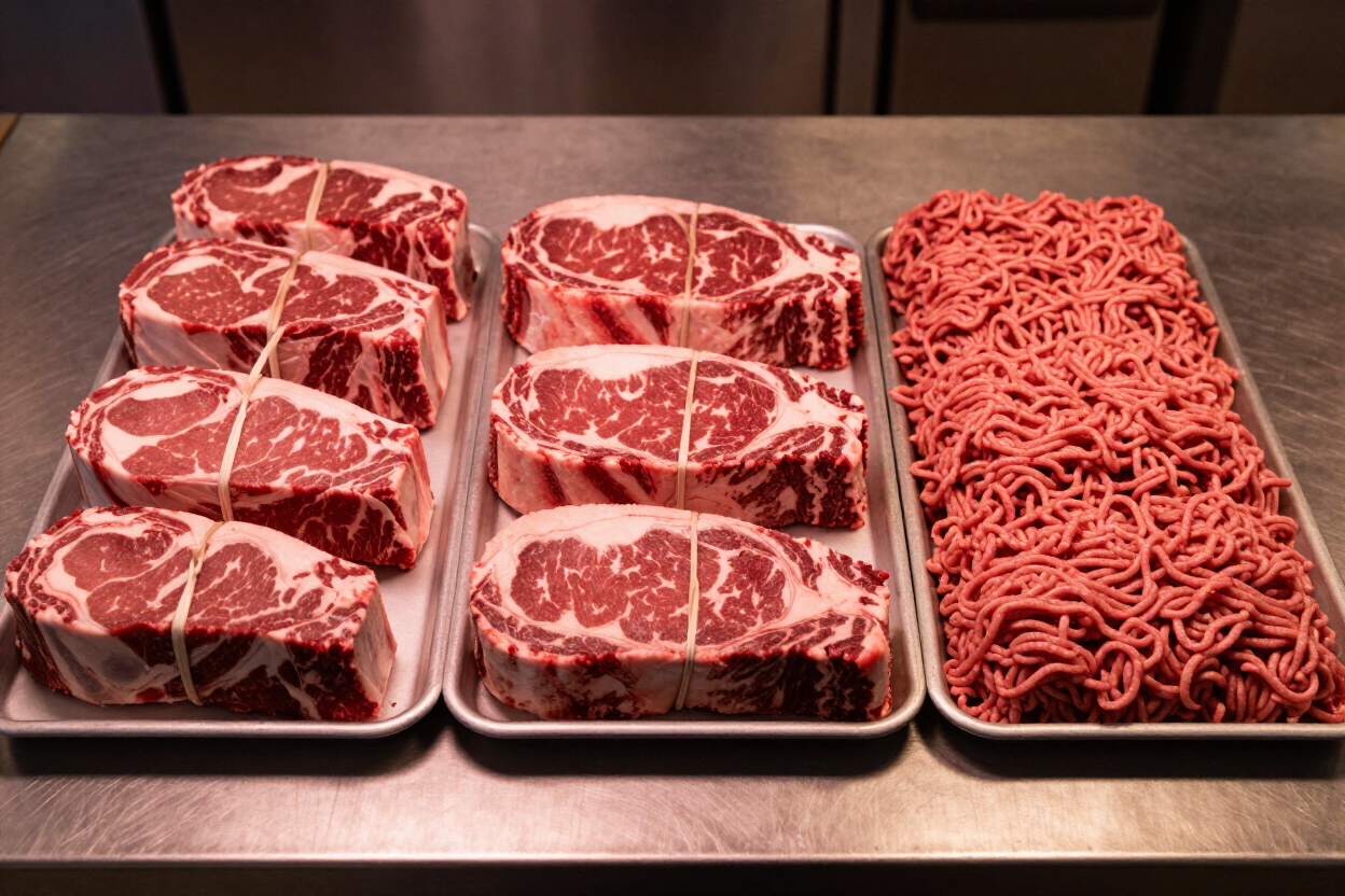 Custom beef cuts laid out at a Montana processing facility — steak thickness, roast size, and ground beef portions specified by the Taylor Beef customer.