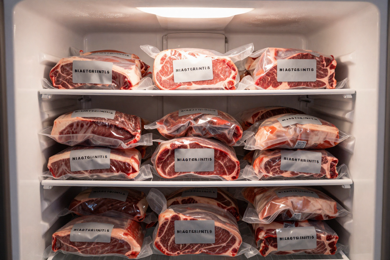 Generic bulk beef packages in a freezer — the result of a one-size-fits-all cut sheet that doesn't reflect your household's needs.