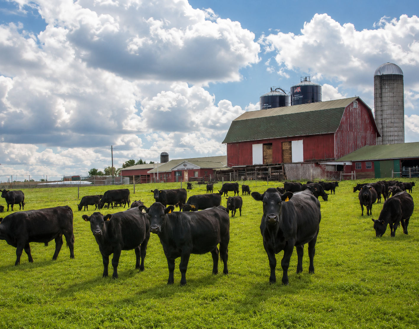 Cows grazing in a green pasture beside a red barn and silos under a cloudy sky