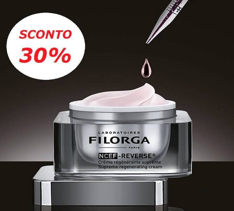 Vasetto di crema FILORGA NCEF-REVERSE con goccia di crema rosa e targhetta promozionale “SCONTO 30%”
