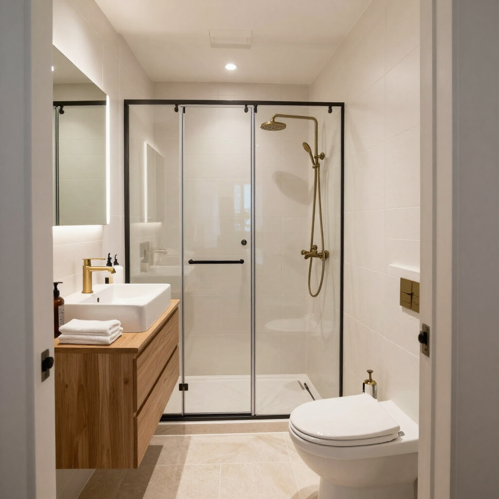 Small ensuite bathroom with a timber vanity, glass shower, and brass fixtures.
