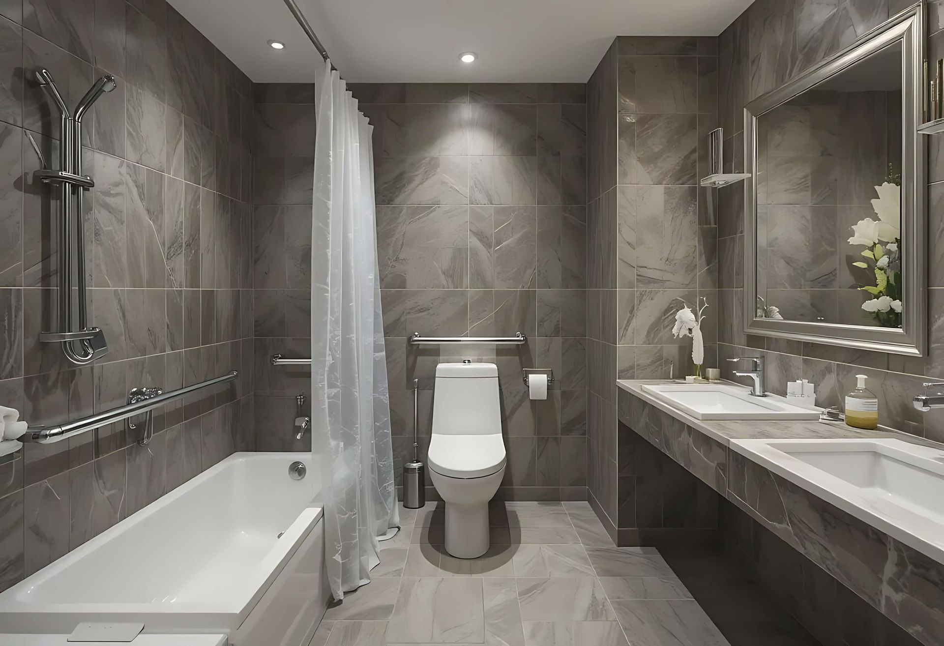 Modern renovated bathroom with grey tiles, bathtub, walk-in shower, and floating vanity