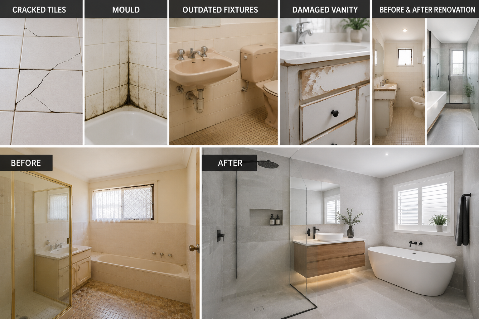Modern white bathroom with farmhouse sink, brass faucet, built-in cabinets, soft lighting, tiled floor