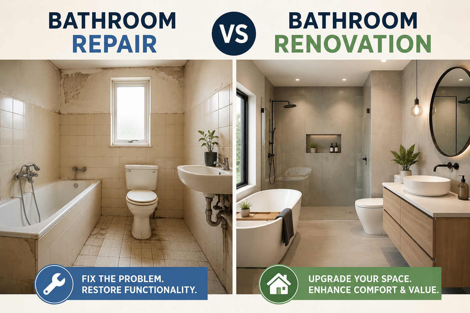 Split image comparing bathroom repair and bathroom renovation, showing an old damaged bathroom beside a modern, fully renovated bathroom.