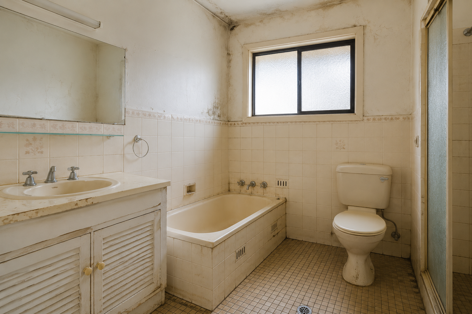 Outdated ensuite bathroom with mould, worn vanity, aged bathtub, old tiles, and dated fixtures