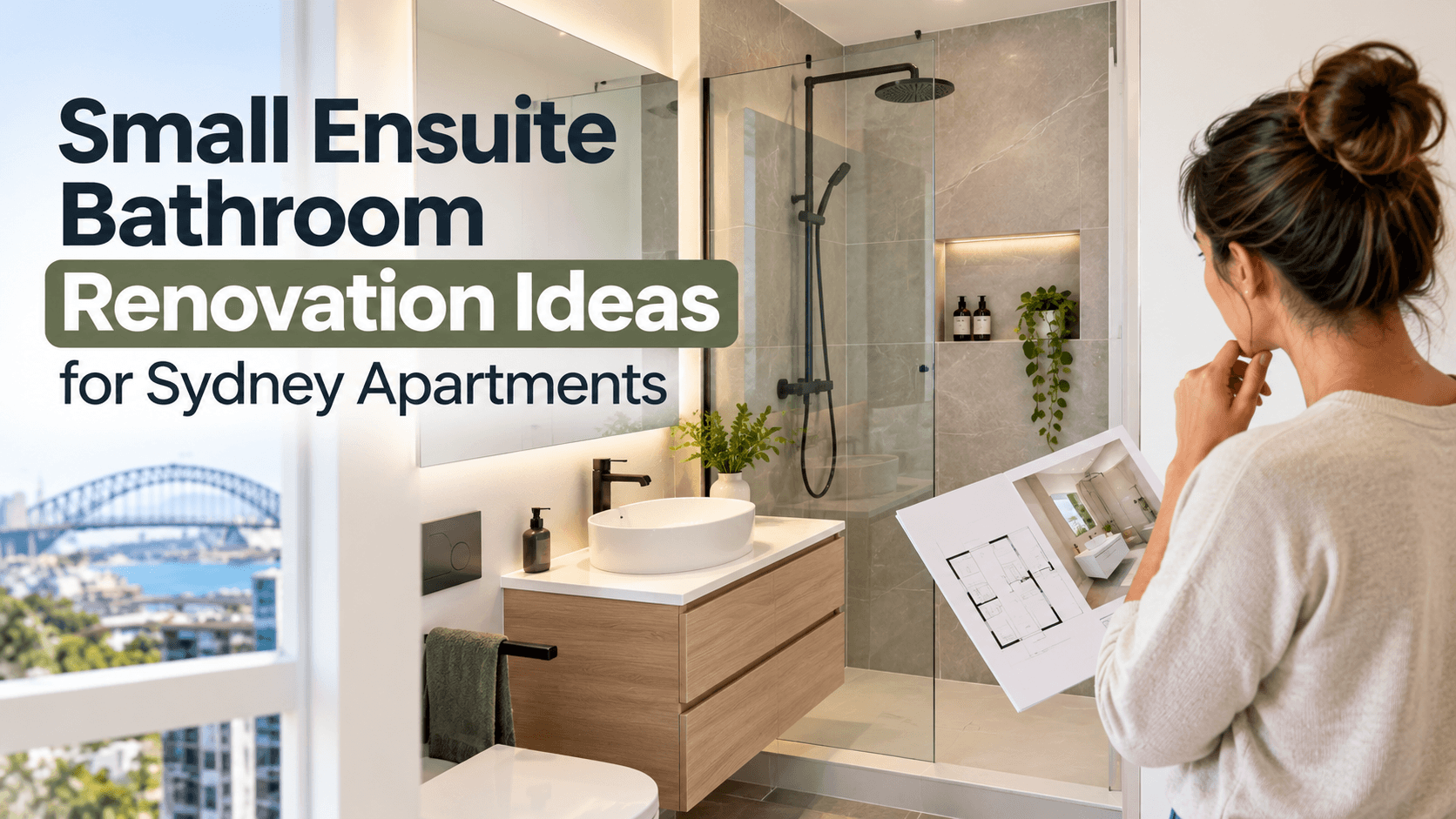 Small ensuite bathroom renovation ideas for Sydney apartments, featuring a modern bathroom with a glass shower, floating timber vanity, and space-saving design.