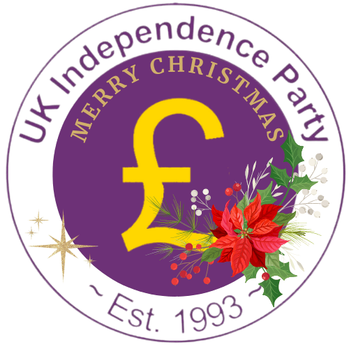 Christmas yellow pound sign, purple background, in ring that says UK Independence Party Est. 1993