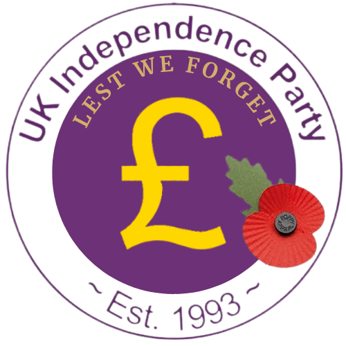 Yellow pound sign, purple background, with poppy, in ring that says UK Independence Party Est. 1993