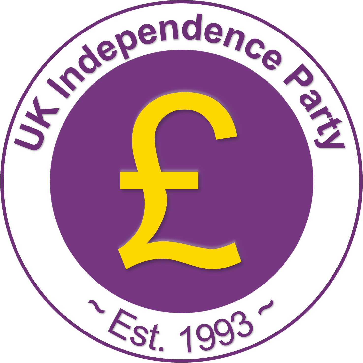 Static yellow pound sign, purple background, in ring that says UK Independence Party Est. 1993
