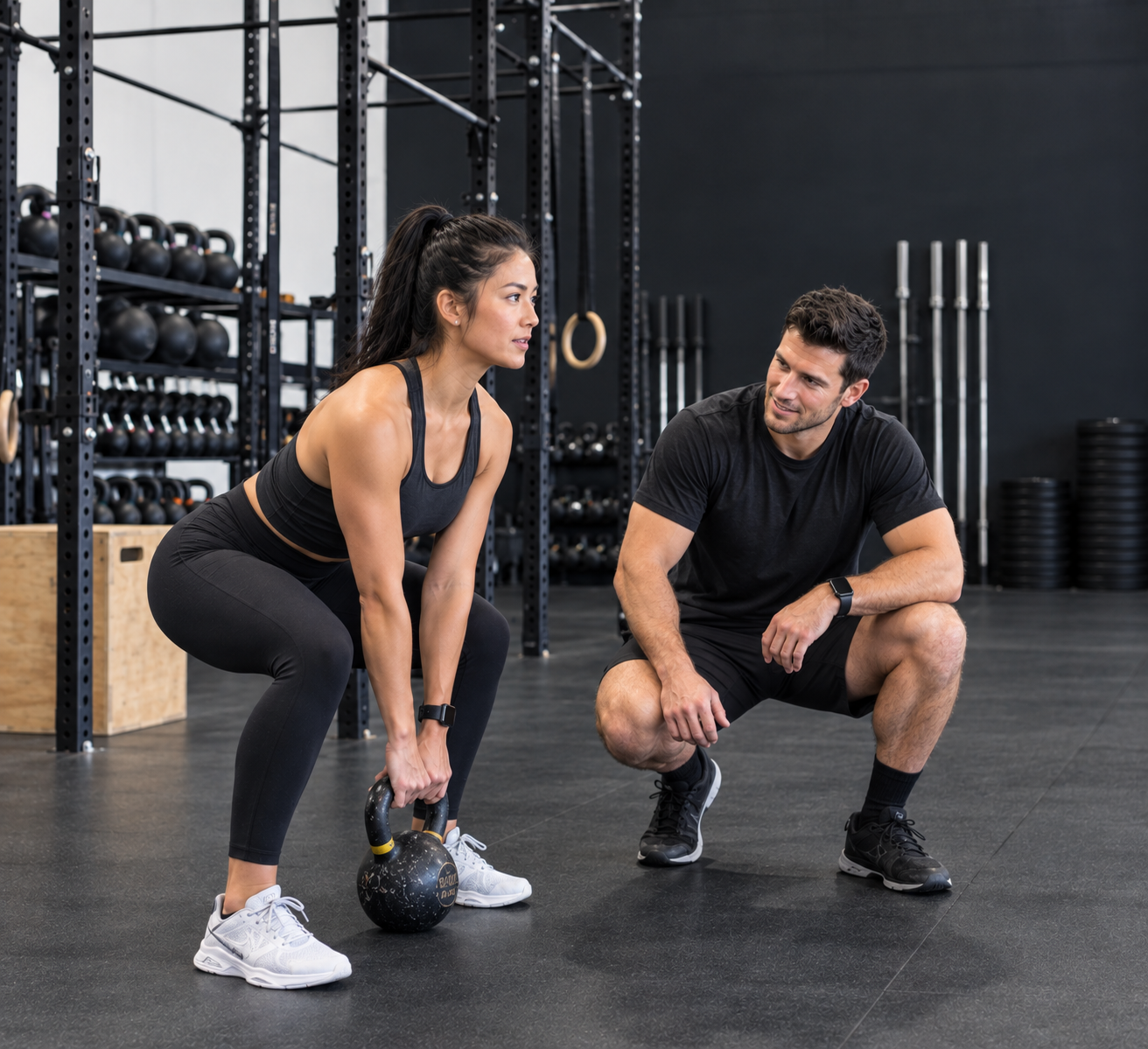 A woman wearing a crossfit shirt is smiling in front of a brick wall.