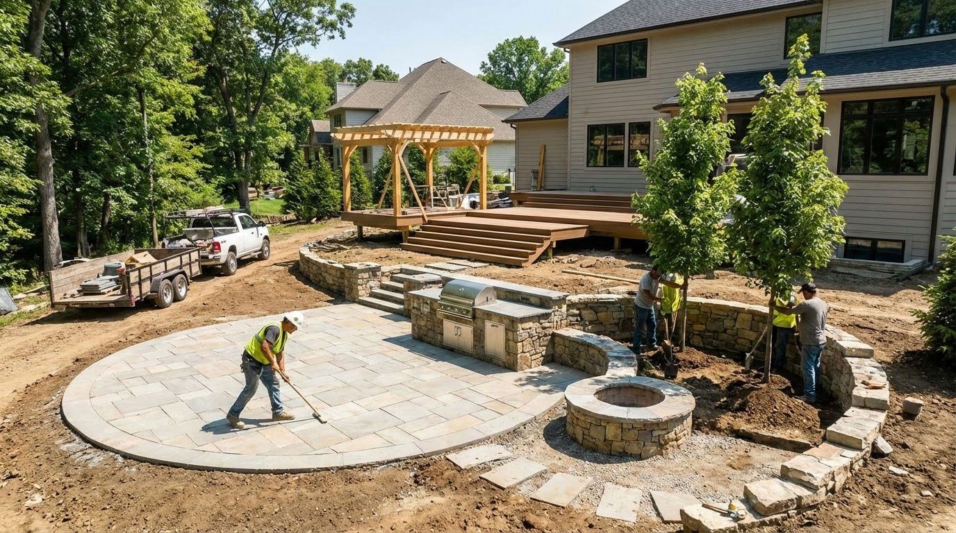Worker laying pavers in a backyard patio beside a house, with stone steps and a fire pit