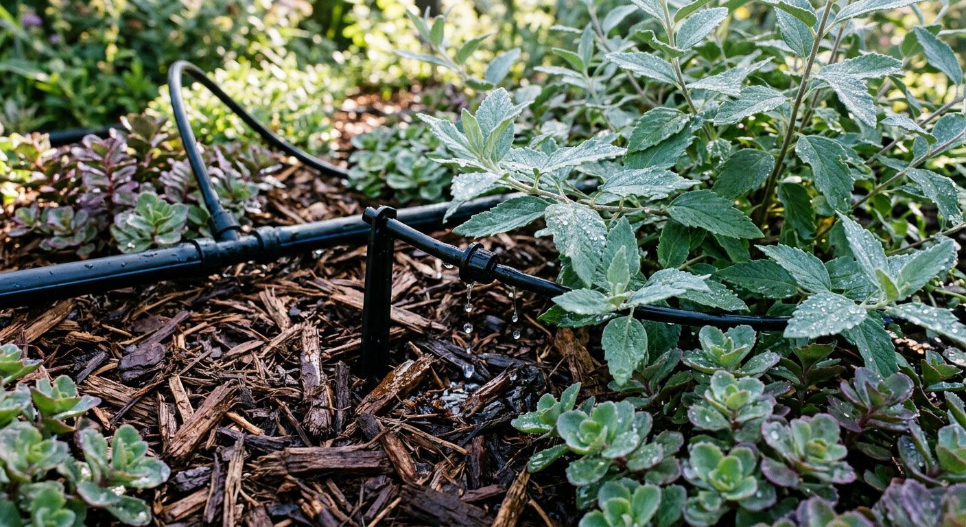Drip irrigation tubing watering leafy green plants in a mulched garden bed