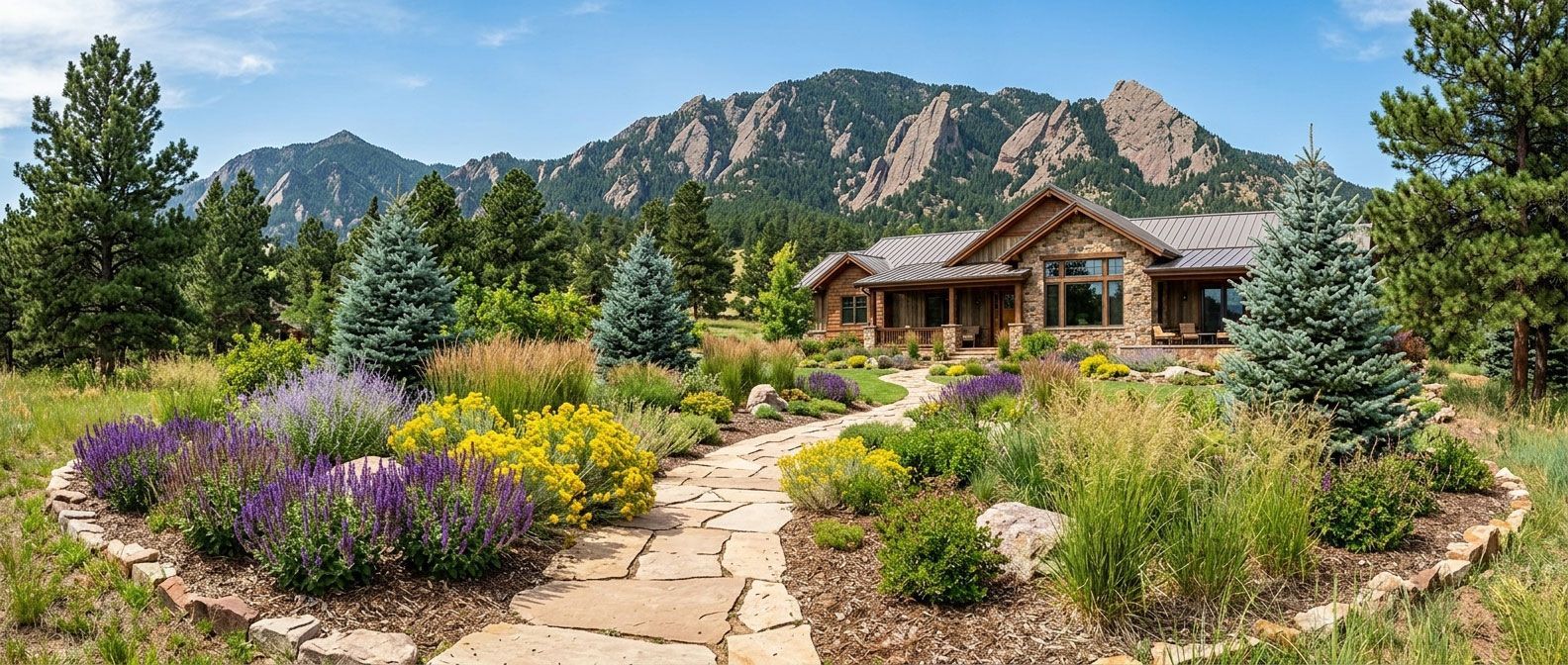 Stone path through colorful wildflowers leads to a rustic cabin in front of mountain peaks.