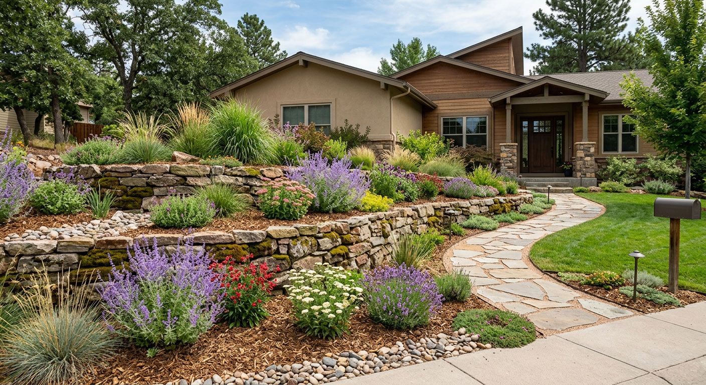 Landscaped garden with flowering shrubs and a curved walkway leading to a house entrance