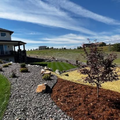 Landscaped yard with gravel path, mulch beds, young tree, and a house under a blue sky