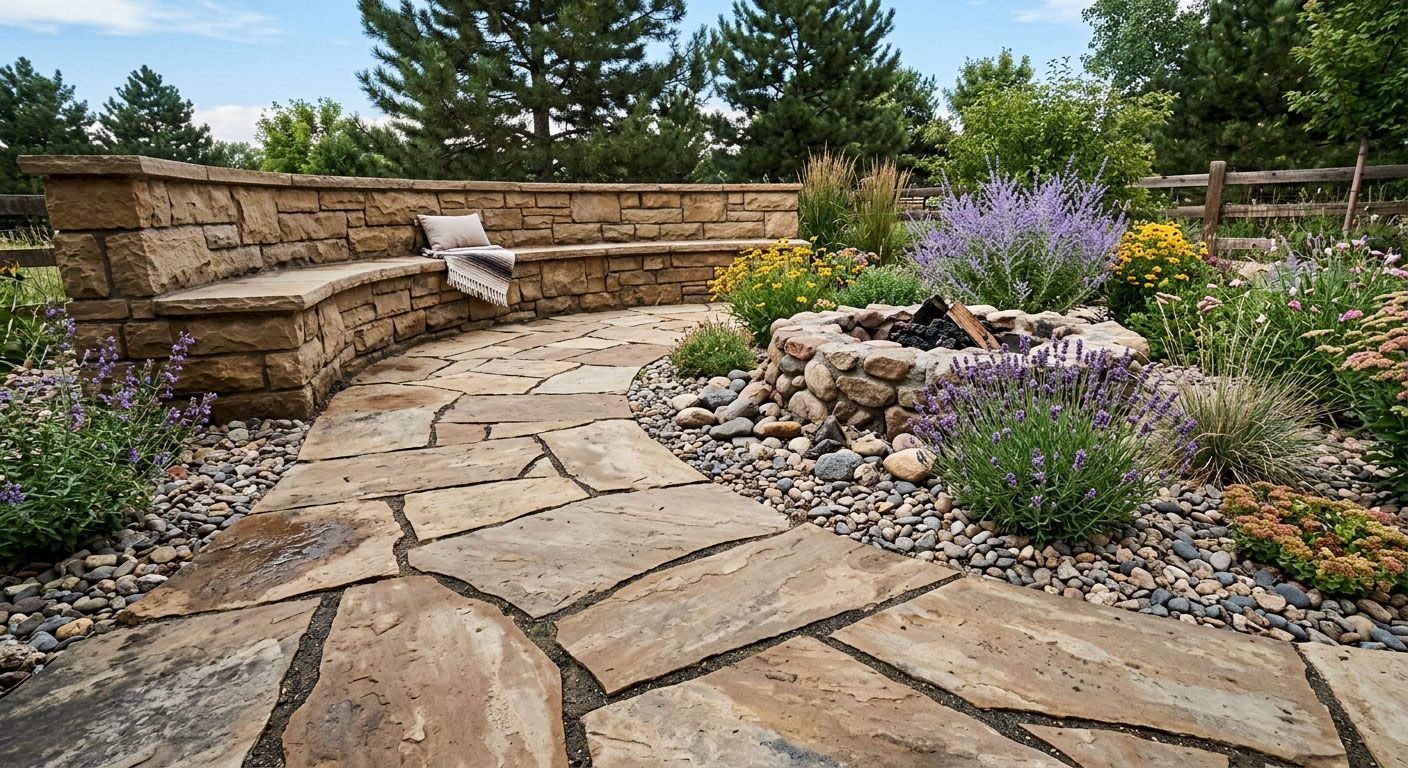 Curved stone garden path beside a rock bed with purple flowers and a wooden bench wall