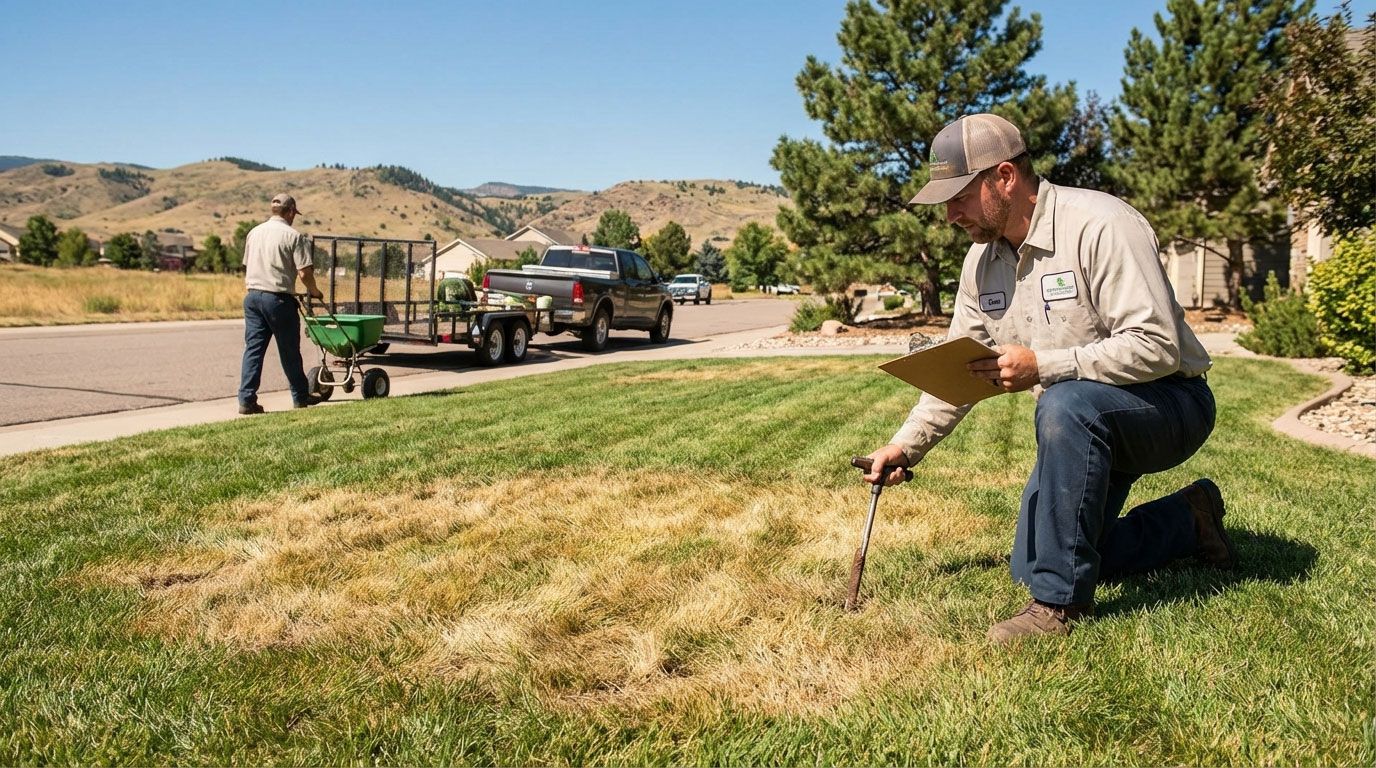 Man kneels on a grassy lawn, inspecting the grass with a spray bottle in a sunny park near trees and hills.