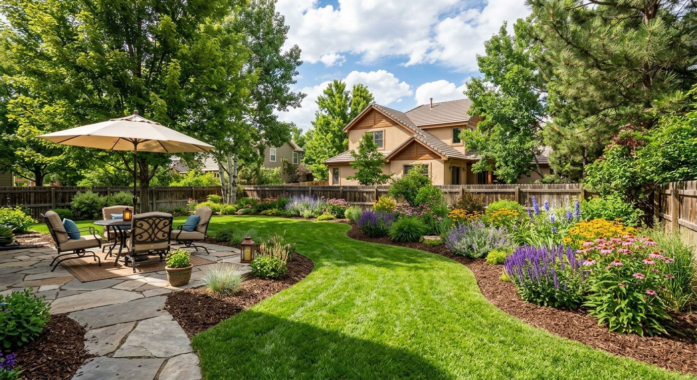 Sunny landscaped garden with stone path, patio umbrella, flower beds, and a house in the background