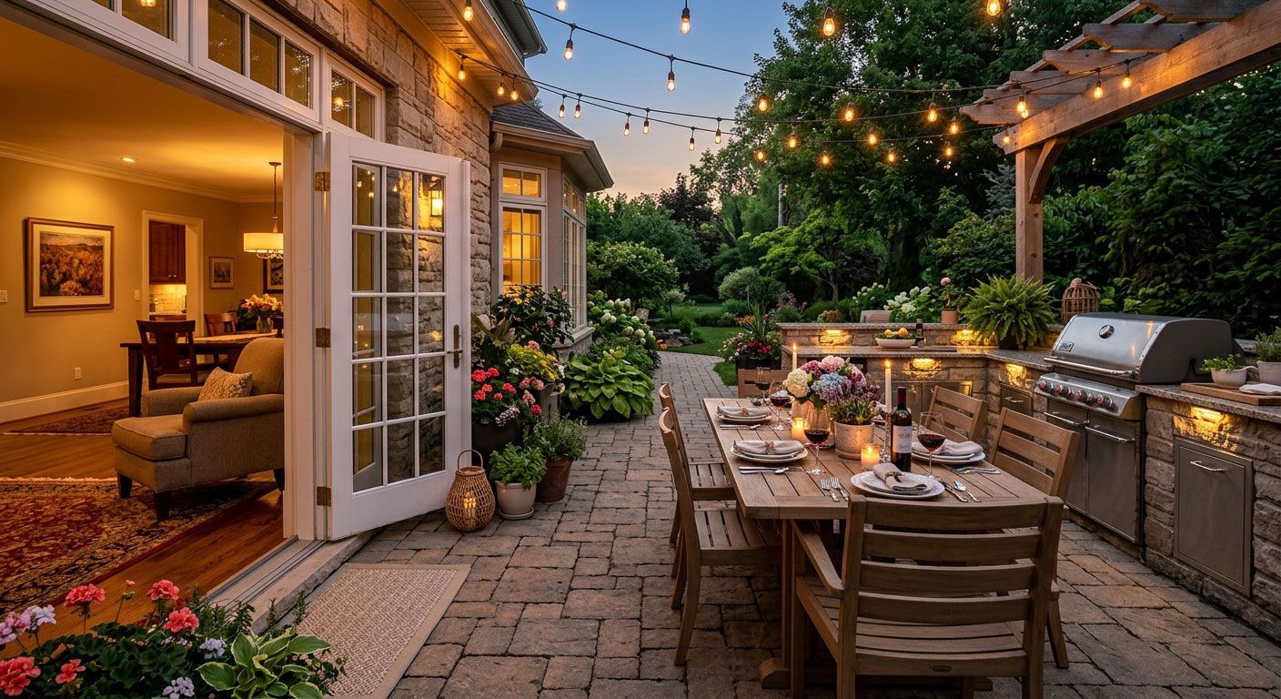 Cozy backyard patio at dusk with string lights, dining table, grill, and open French doors to the house.