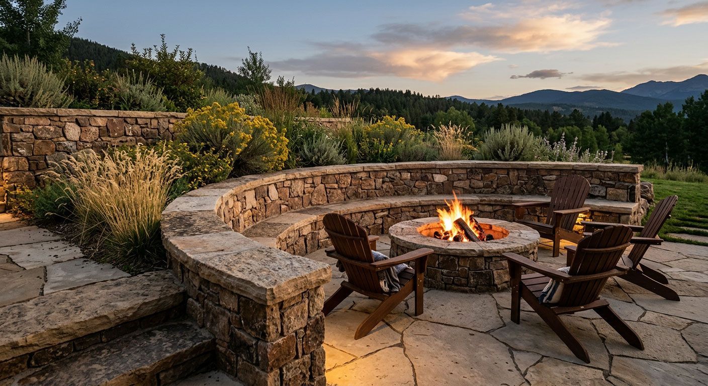 Stone patio with circular fire pit, Adirondack chairs, and sunset view over the hills