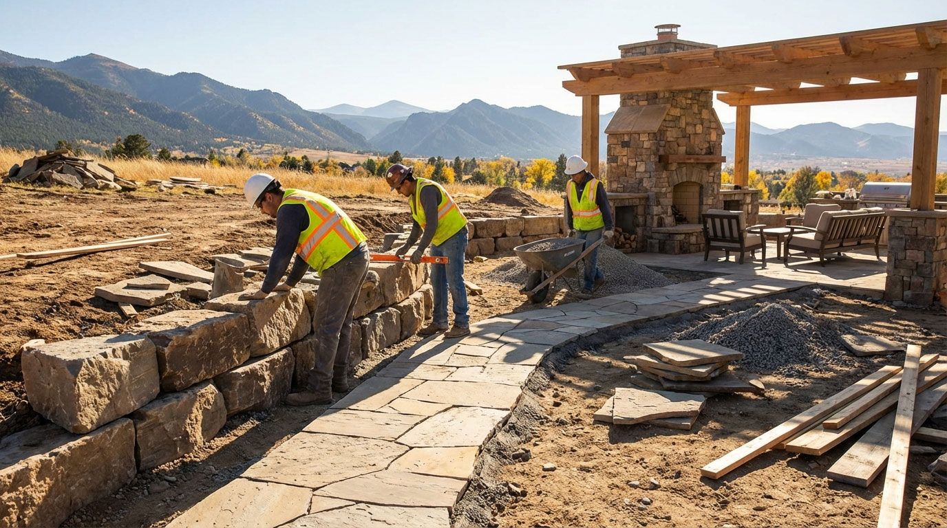 Workers building a stone wall beside a wooden shelter in a dry, mountainous landscape