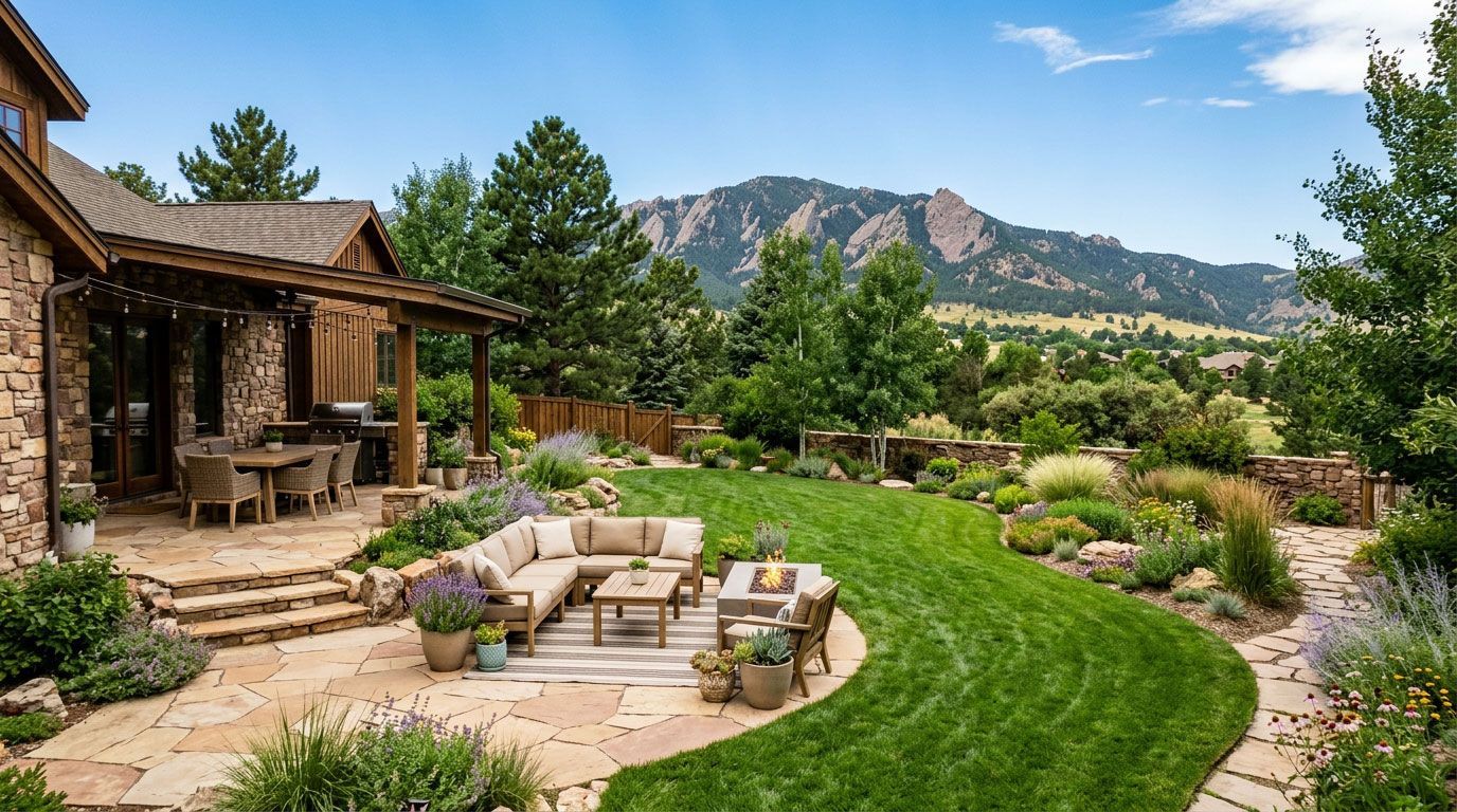 Stone house patio with outdoor seating, lush green lawn, and mountain views under a blue sky