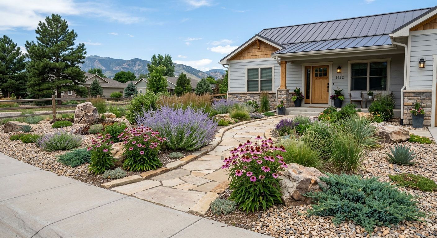 Front yard garden with colorful flowers and shrubs beside a modern house on a sunny day