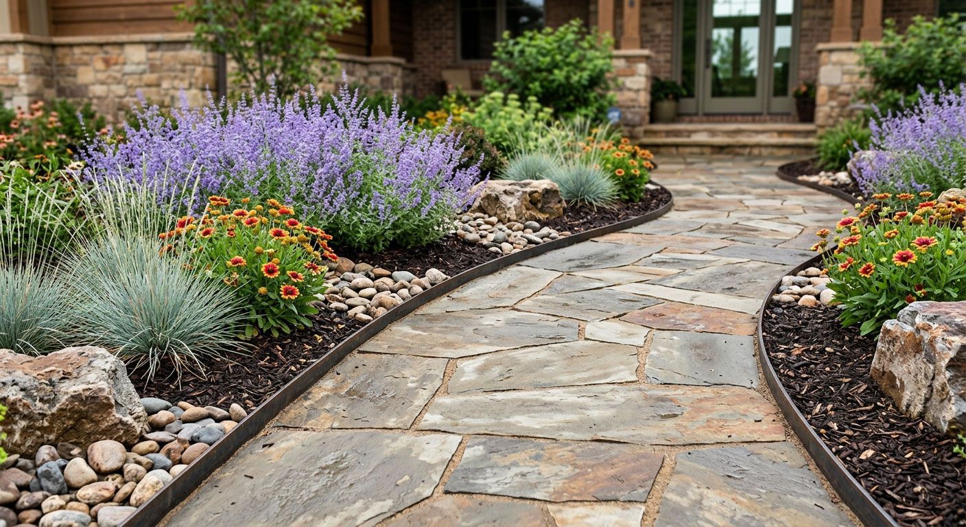 Stone walkway through a landscaped garden with purple and orange flowers leading to a house entrance