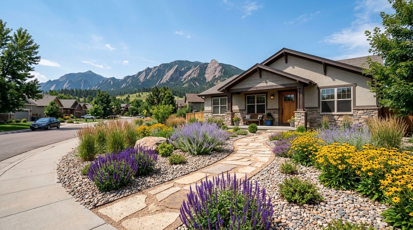 House with colorful desert garden and mountains in the background under a bright blue sky