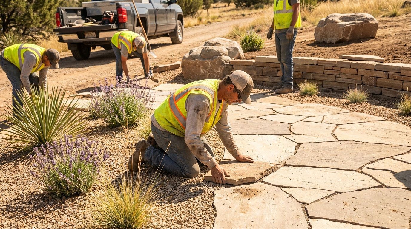 Workers in yellow vests laying stone pavers on a landscaped path with truck and rocks nearby