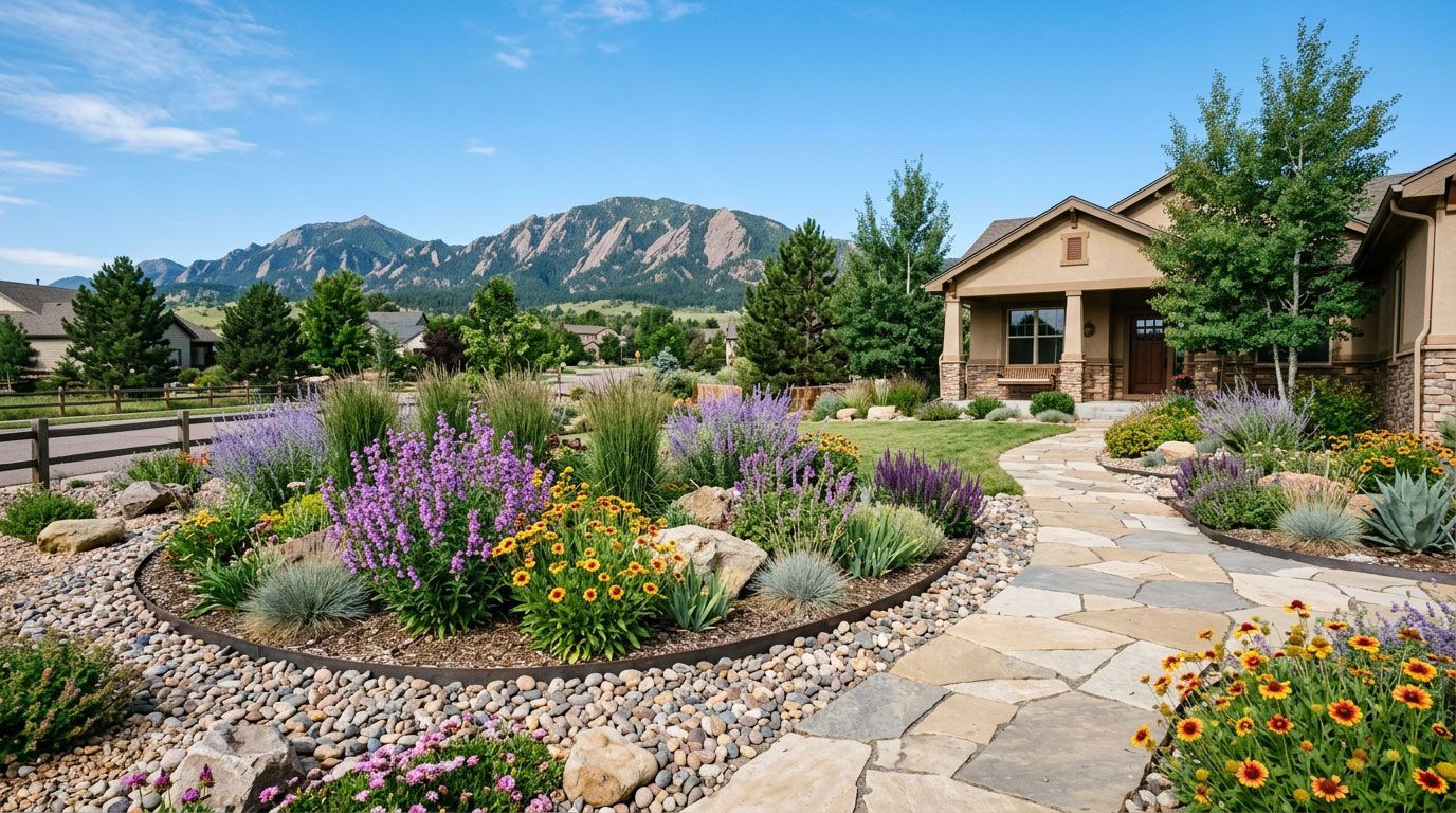 Stone garden path curving past colorful flower beds to a tan house, with mountains and blue sky in the background