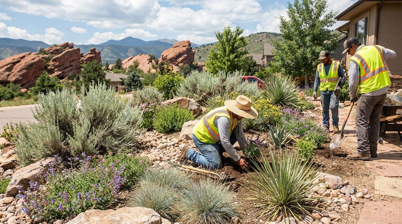 People in safety vests planting shrubs in a rocky desert garden with mountains in the background