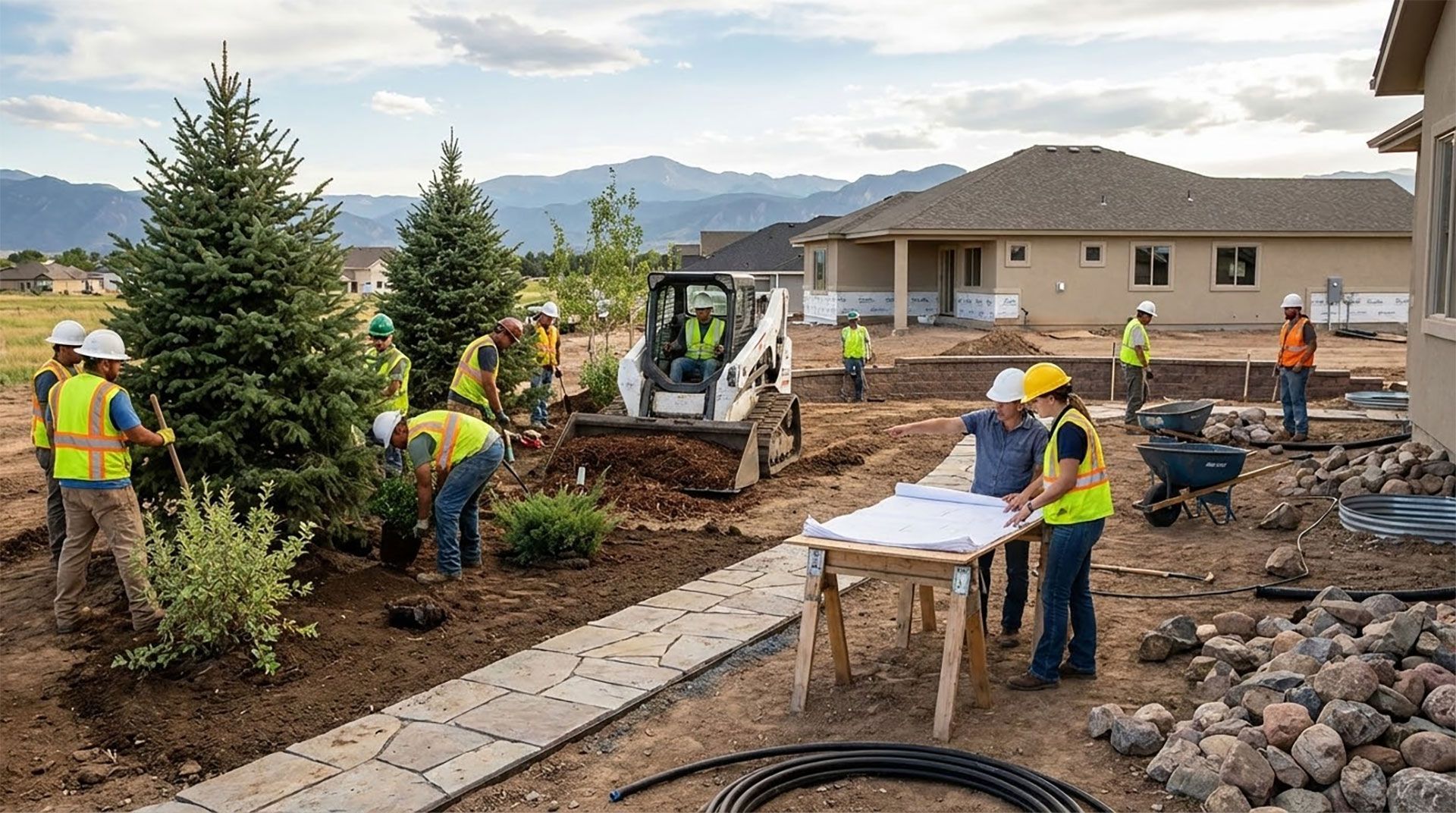 Construction crew landscaping a neighborhood park with a skid steer, rocks, and new plantings.