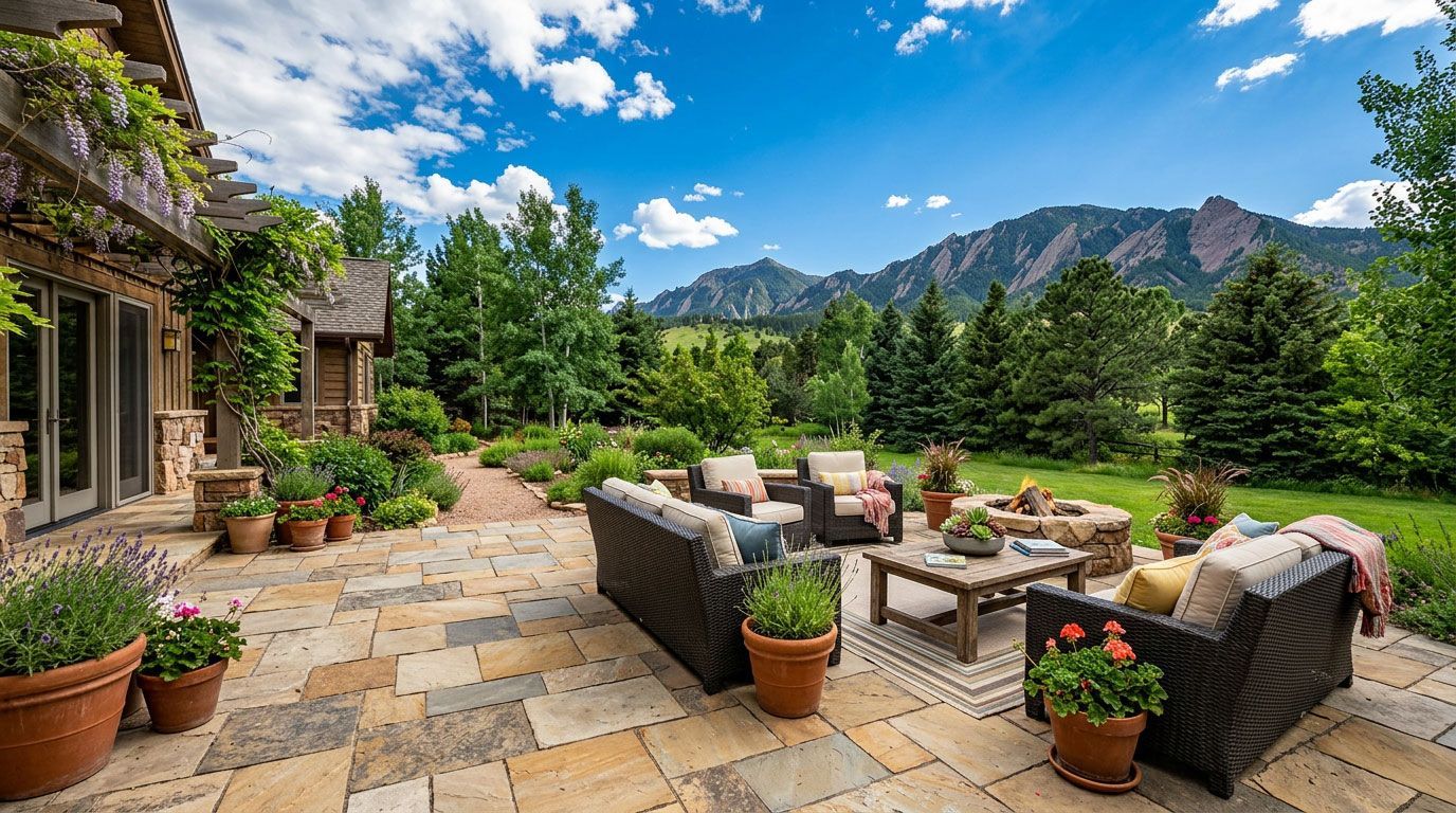 Stone patio with outdoor seating, potted flowers, and mountain views under a bright blue sky